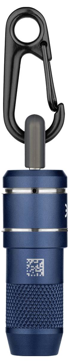 Niebieska, cylindryczna latarka LED z czarnym karabinkiem przywiązanym, posiadająca kod QR w pobliżu dna.