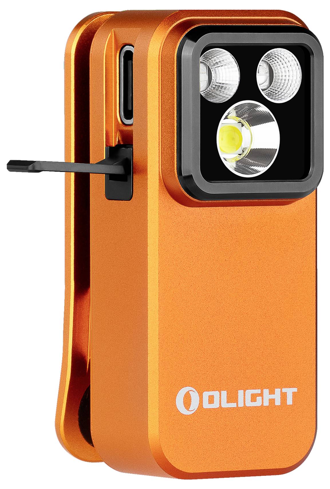 Klips latarki Orange Olight; kompaktowy design z dwoma diodami LED i przełącznikiem bocznym oraz logo marki; idealny do bezrękiego oświetlenia.