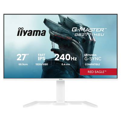 Monitor komputerowy wyświetlający tekst promocyjny: 'iiyama G-Master GB2770HSU, 27" Fast IPS, 1920x1080, 240Hz, 0.4ms, NVIDIA G-Sync Compatible, Red Eagle.'