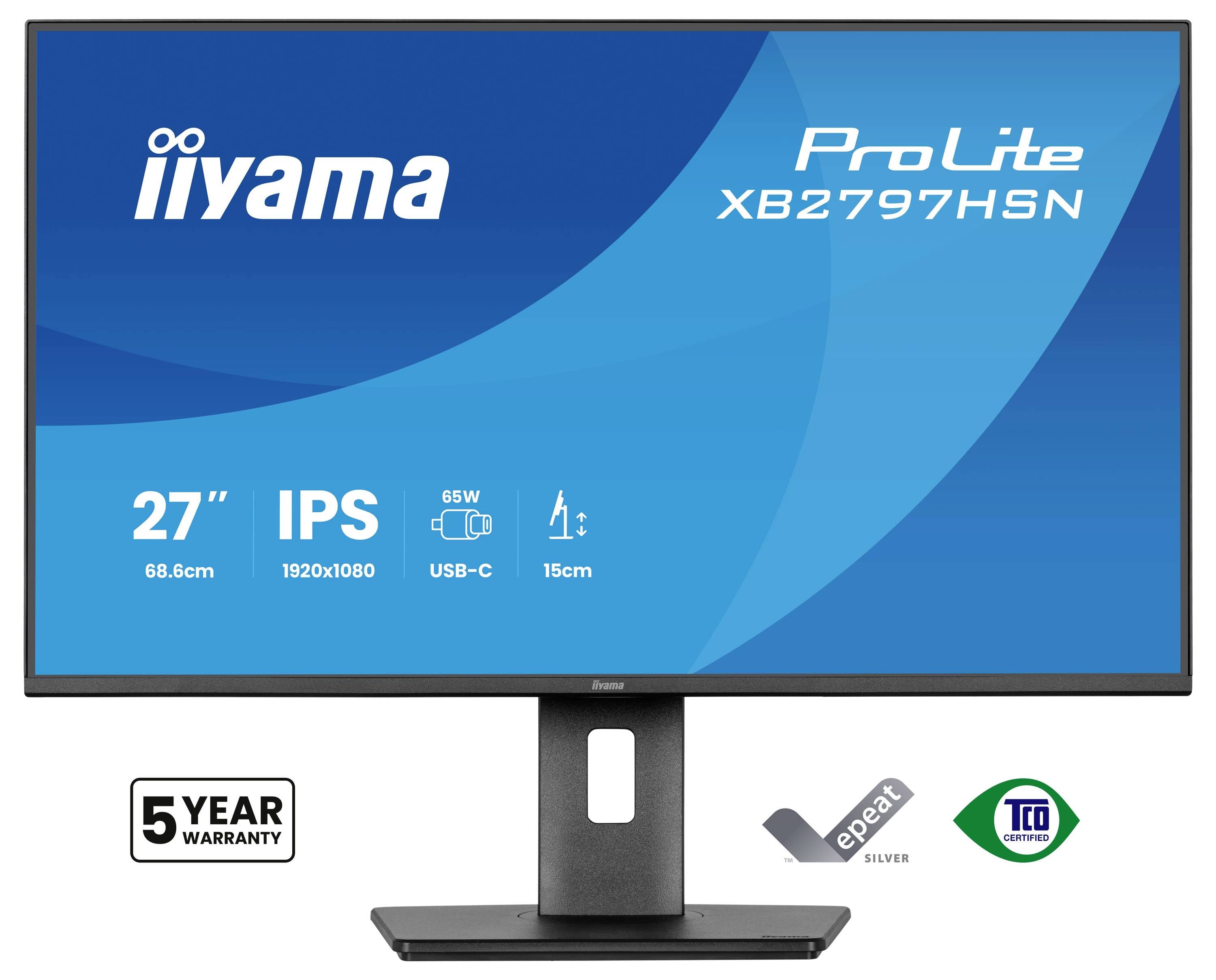 Monitor Iiyama ProLite XB2797HSN, 27 cali, IPS, rozdzielczość 1920x1080, USB-C, zasilanie 65W, regulacja 15cm, gwarancja 5 lat.