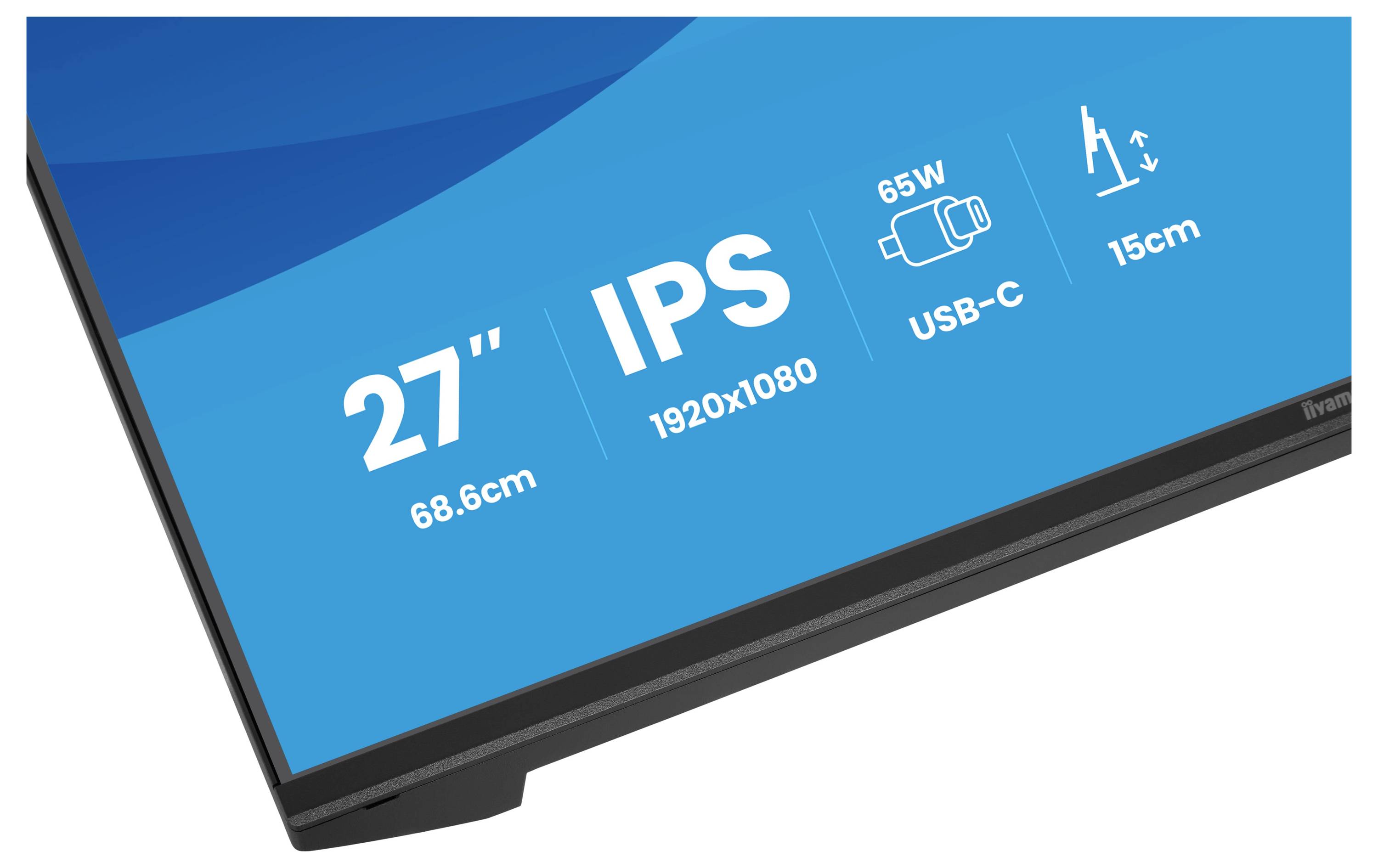 Narożnik monitora komputerowego wyświetla specyfikacje: '27" IPS, 1920x1080, 65W, USB-C, 15cm'. Niebieski ekran z ikonami i tekstem.