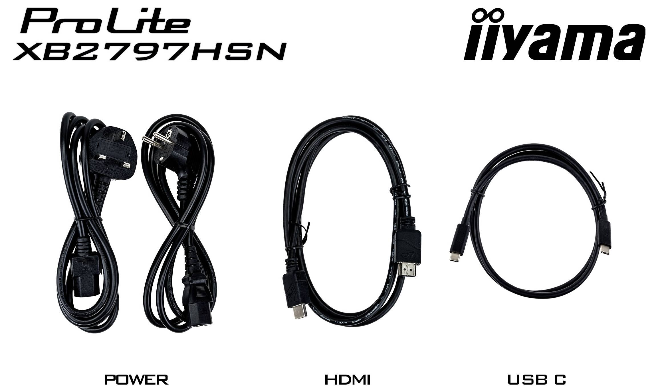Akcesoria monitora 'ProLite XB2797HSN', w tym kabel zasilający, kabel HDMI i kabel USB-C, są wystawione obok siebie.