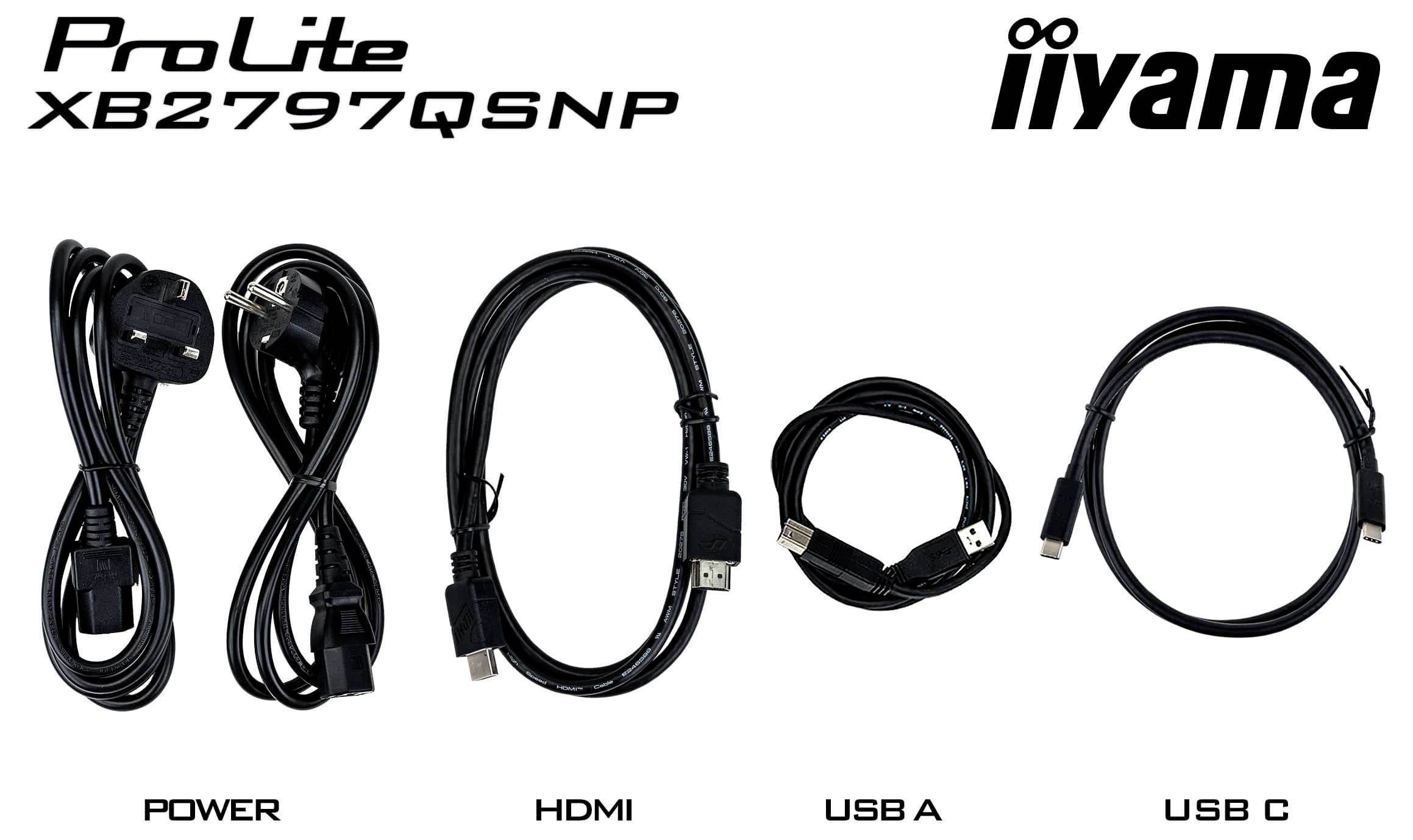 Kable do 'iiyama ProLite XB2797QSNP': zasilanie, HDMI, USB A i USB C wyświetlane w kolejności.