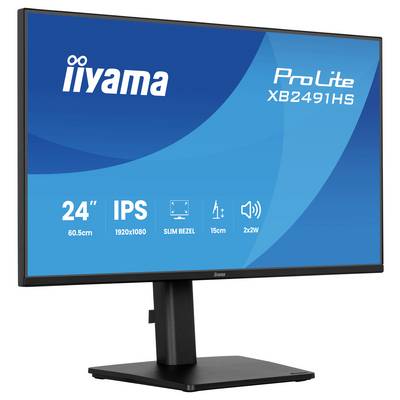 Monitor wyświetlający specyfikacje: 24 cale, IPS, rozdzielczość 1920x1080, cienka ramka, regulacja 15 cm, podwójne głośniki 2W.