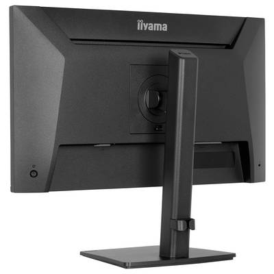 Widok z tyłu czarnego monitora komputerowego na statywie, wyświetlającego logo iiyama. Projekt charakteryzuje się eleganckim, minimalistycznym stojakiem.