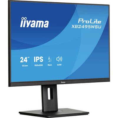 Monitor Iiyama ProLite XB2495WSU 24-calowy IPS pokazany z przodu z ekranem wyświetlającym specyfikacje produktu i ikony.