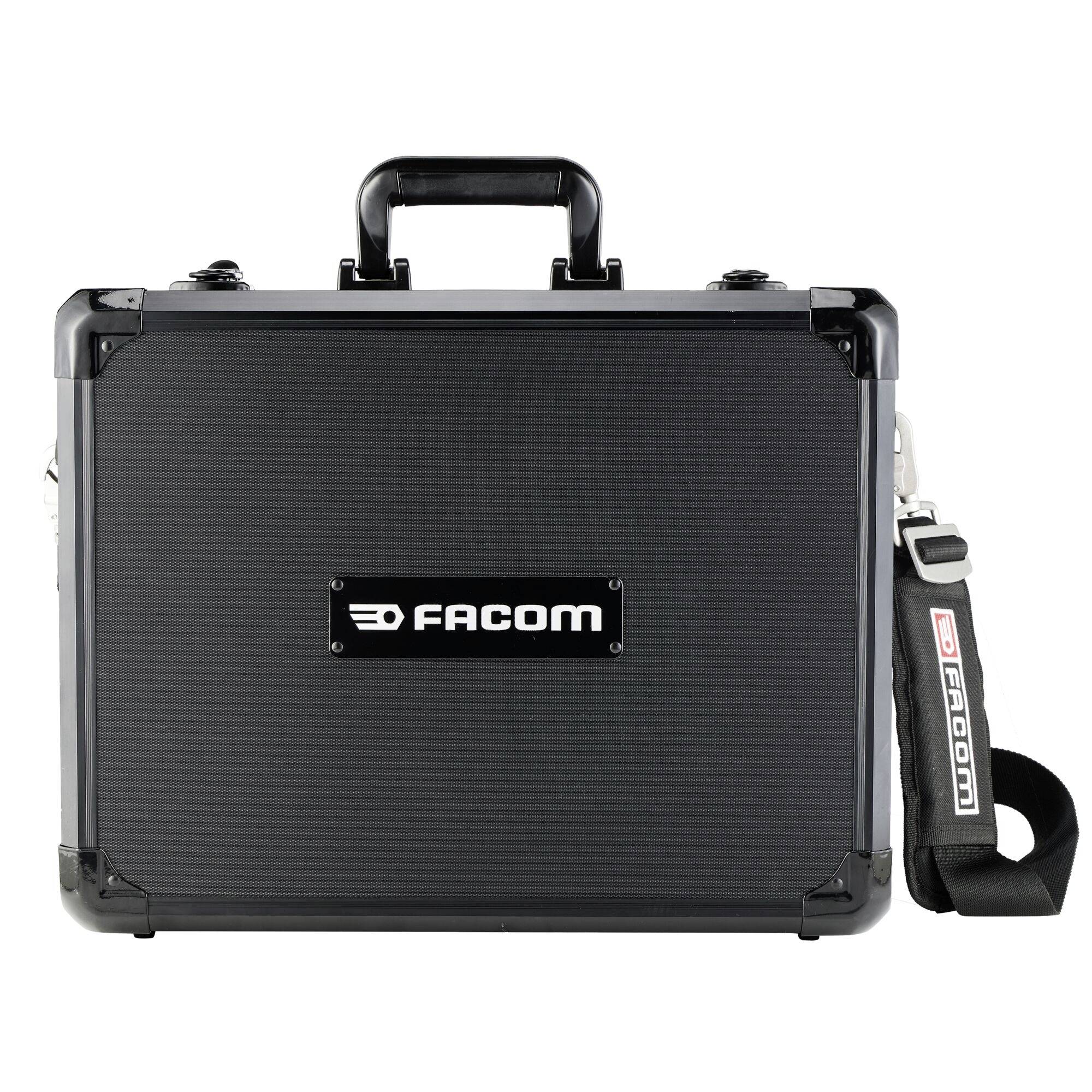 Czarna torba narzędziowa marki Facom z solidnym uchwytem i regulowanym pasem na ramię leży płasko, co sugeruje przenośność i odporność.