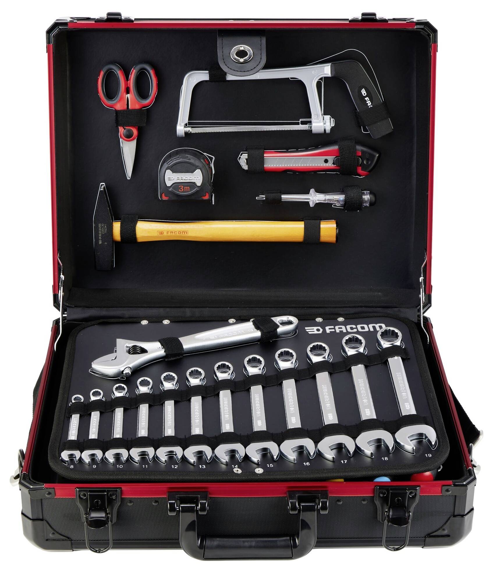 'Otwarty zestaw narzędzi zawierający różne narzędzia, w tym klucze, nożyczki, piłę do metalu, młotek, miarkę i śrubokręty.'