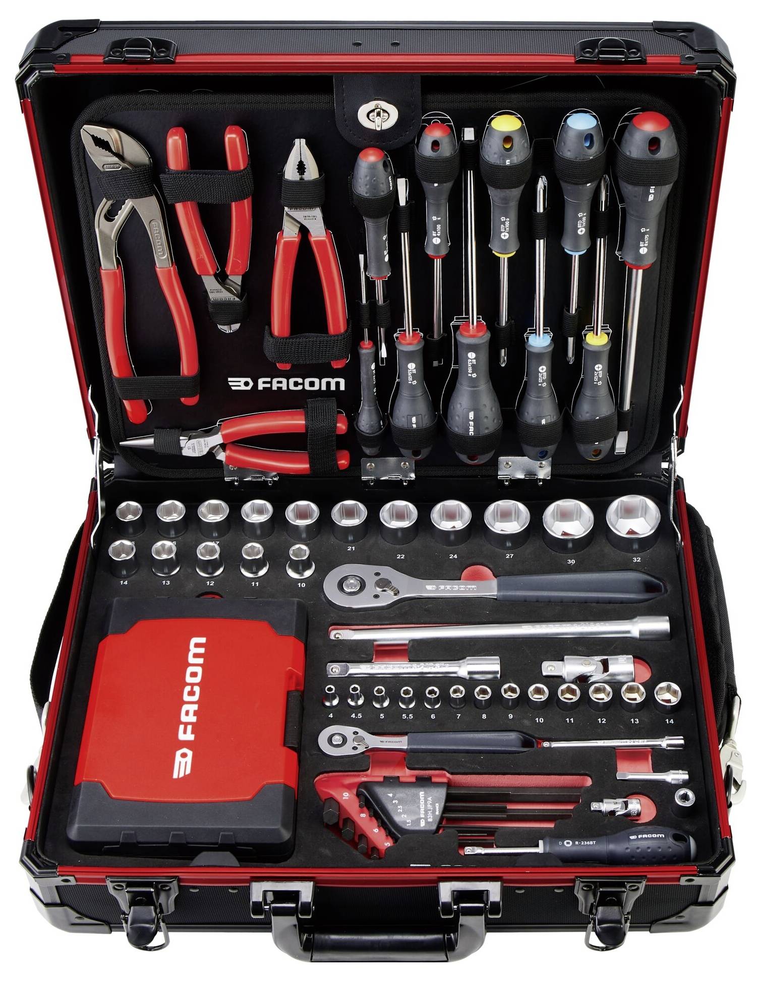 Zestaw narzędzi z różnorodnymi narzędziami ręcznymi obejmujący imadła, śrubokręty, klucze nasadowe i zorganizowany zbiór rozmaitych rozmiarów starannie ułożonych.