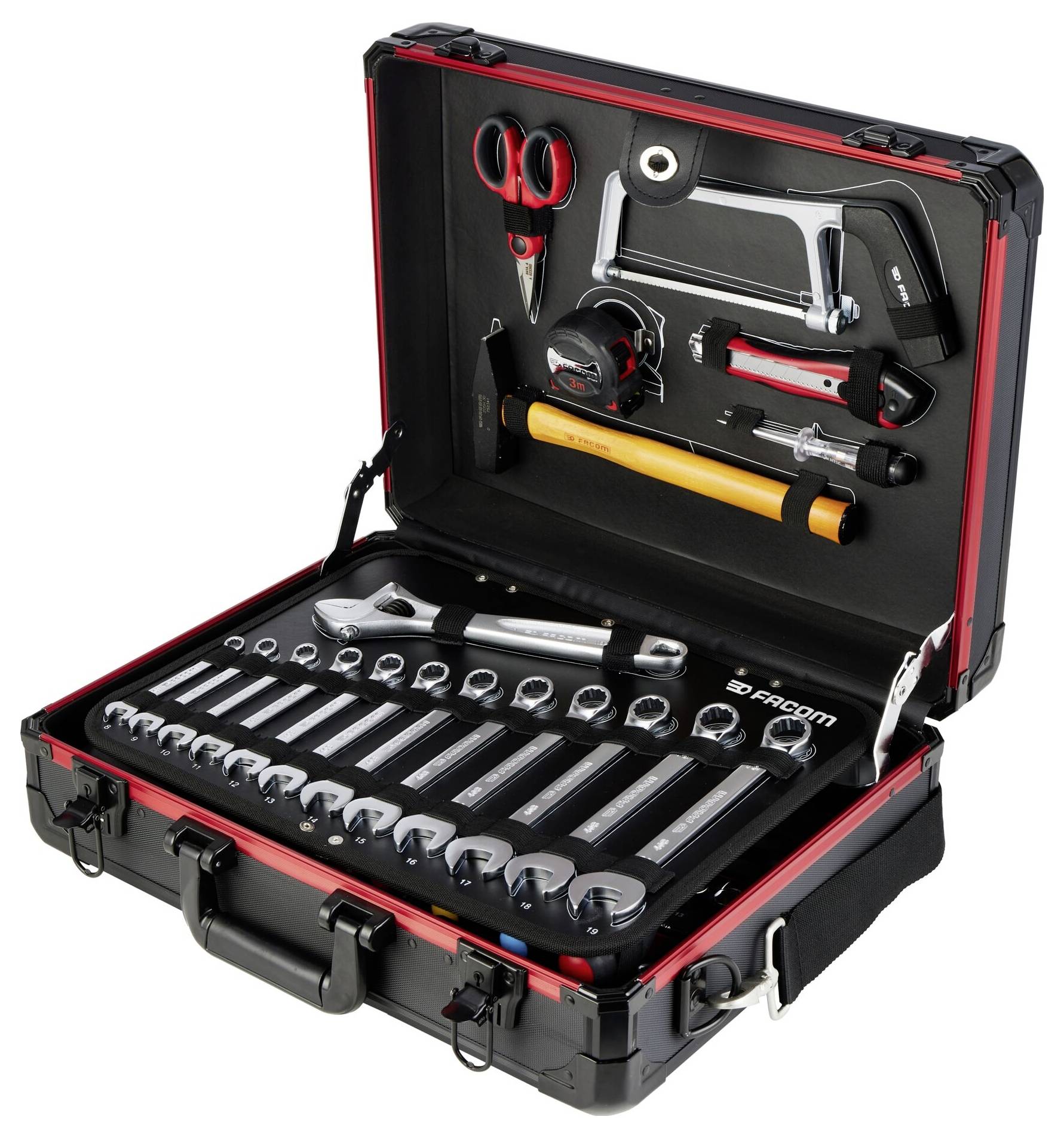 Otwarty czarny kufer narzędziowy zawierający różne narzędzia, w tym zestaw kluczy, młotek, piłę i nożyce. Etui obłożone jest czerwoną obwódką.