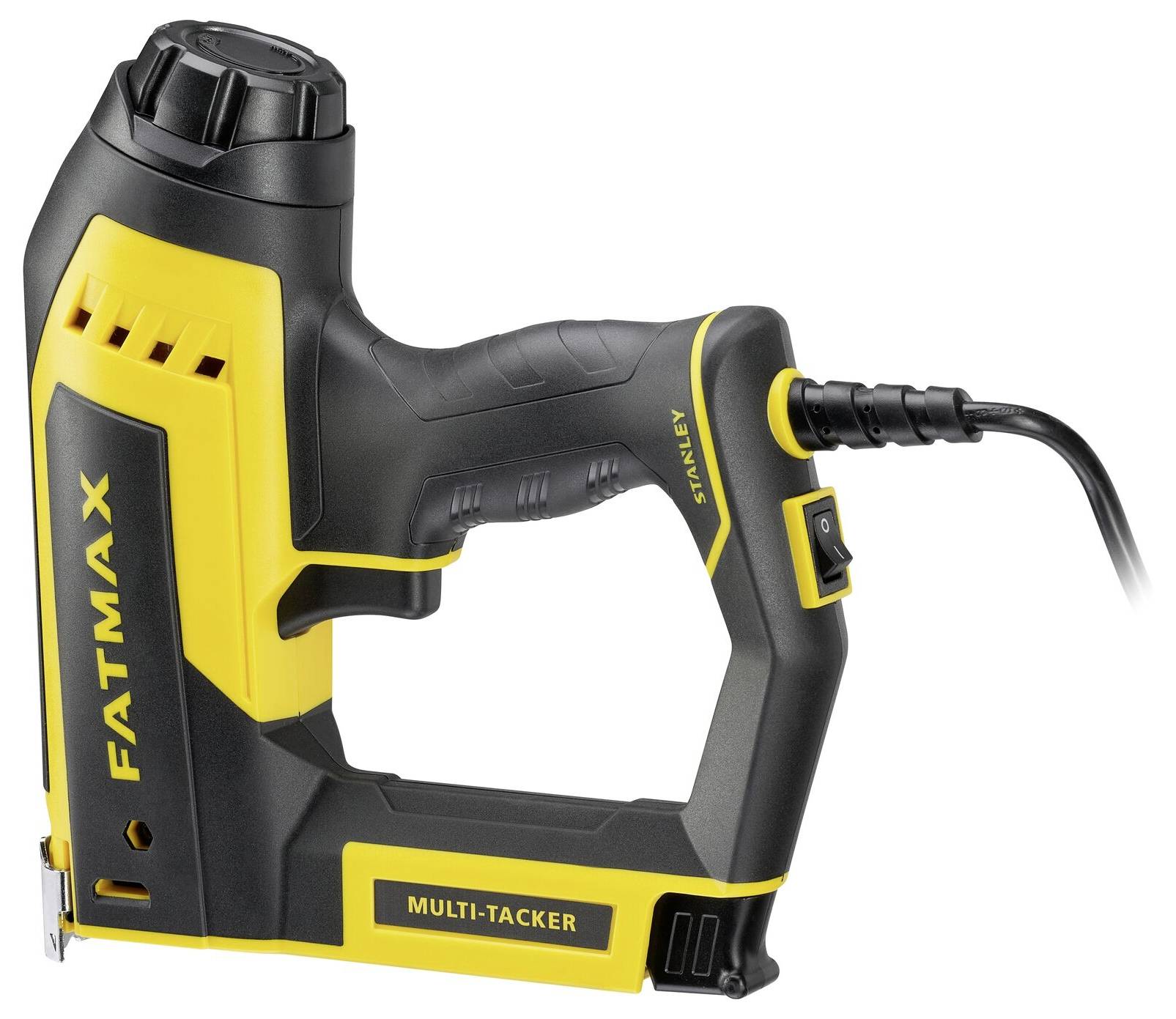 Elektronarzędzie oznaczone etykietą 'FatMax Multi-Tacker' z żółto-czarnym wzorem, pokazujące ergonomiczny uchwyt i przewód elektryczny do zasilania.
