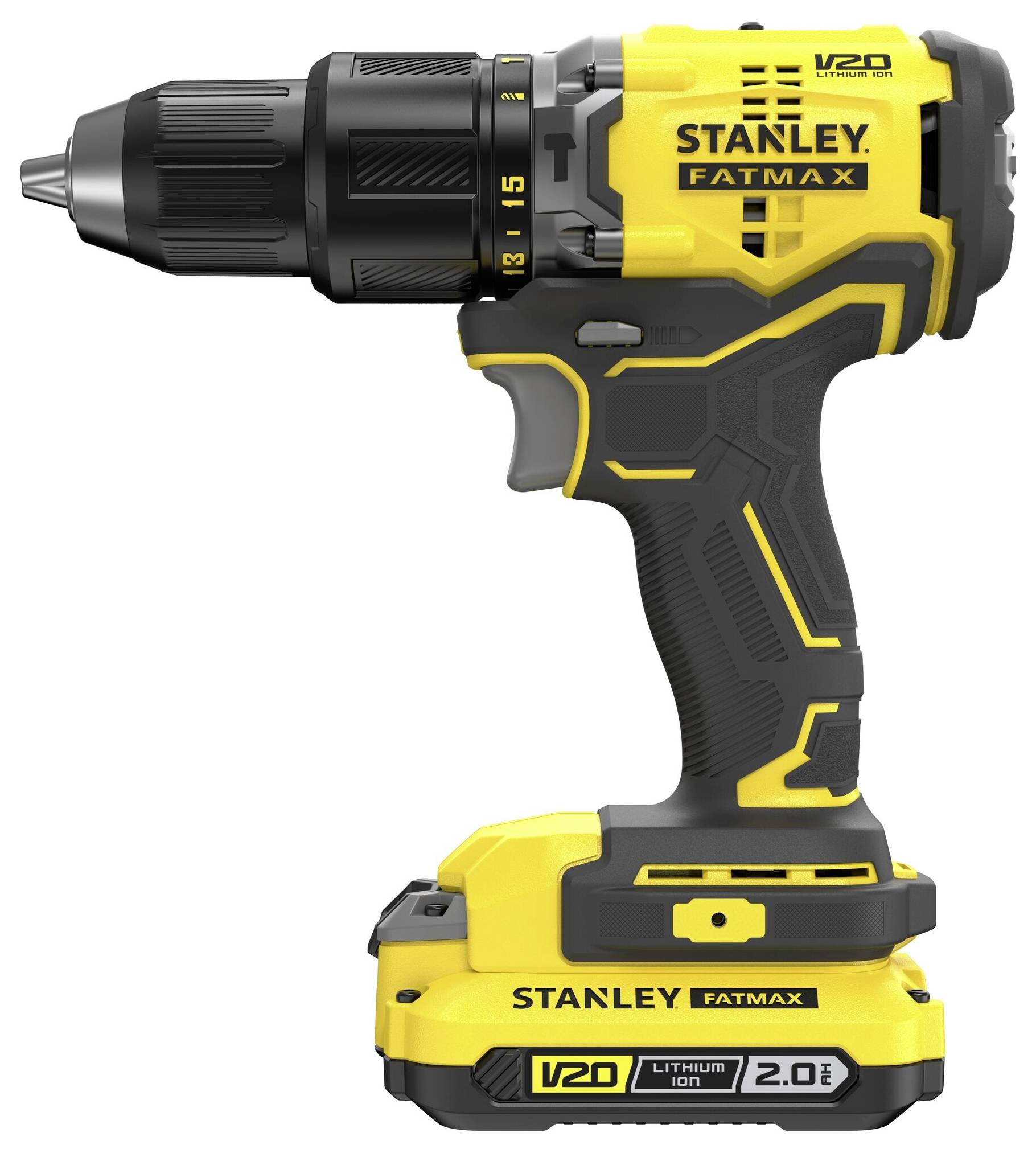 Żółto-czarna bezprzewodowa wiertarka oznaczona etykietą „Stanley Fatmax V20". Charakteryzuje się narzędziem zaciskającym bez kluczyka i pakietem baterii litowo-jonowej 20V u podstawy.