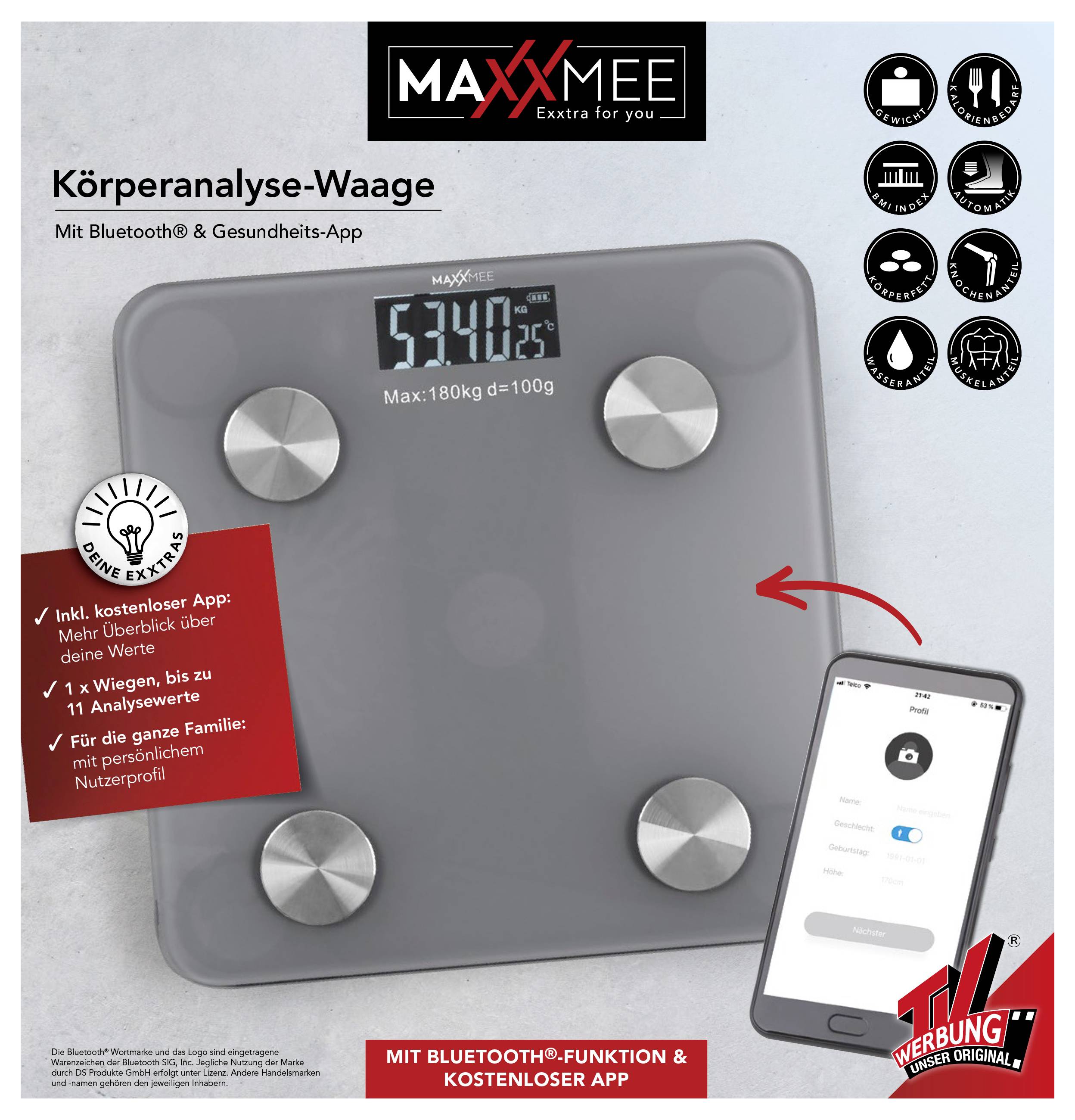 Inteligentna waga z Bluetooth i funkcjami aplikacji zdrowotnej. Wyświetla wagę w kilogramach. Obejmuje łączność z aplikacją do analizy i profilami rodzinnymi.