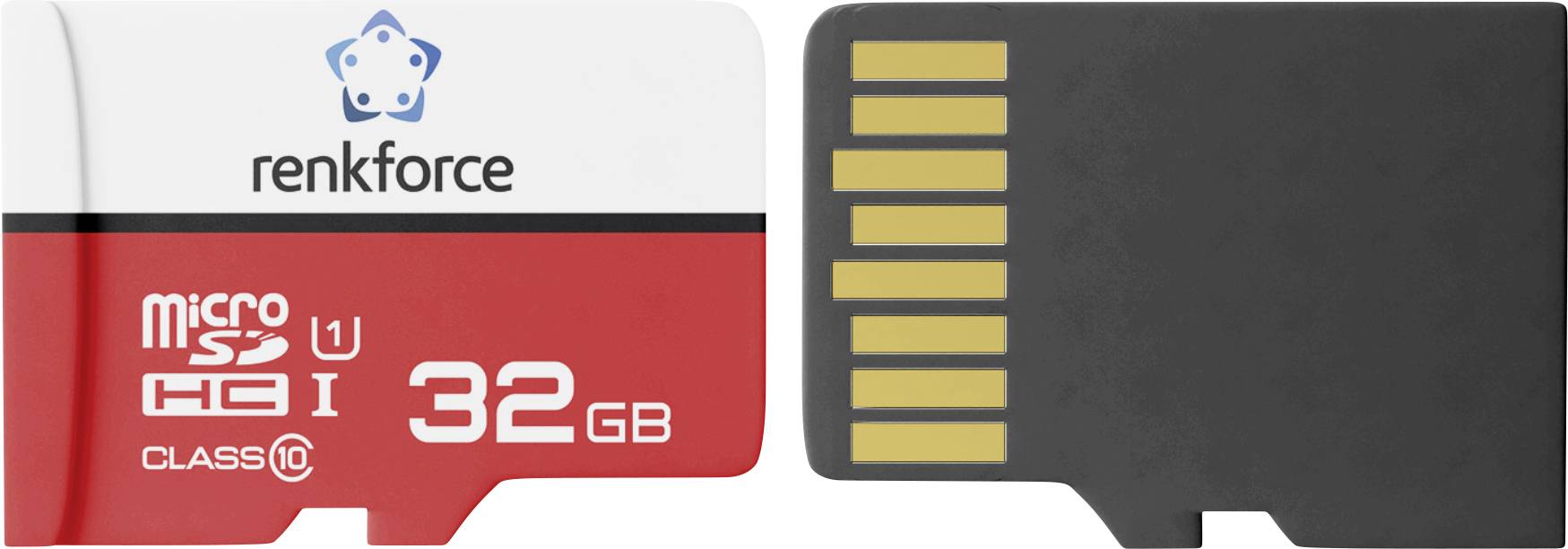 Karta pamięci MicroSD oznaczona etykietą „renkforce" i „32 GB", Klasa 10 U1, pokazana z przodu i z tyłu obok siebie.