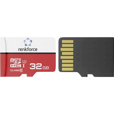 Karta pamięci MicroSD oznaczona etykietą „renkforce" i „32 GB", Klasa 10 U1, pokazana z przodu i z tyłu obok siebie.