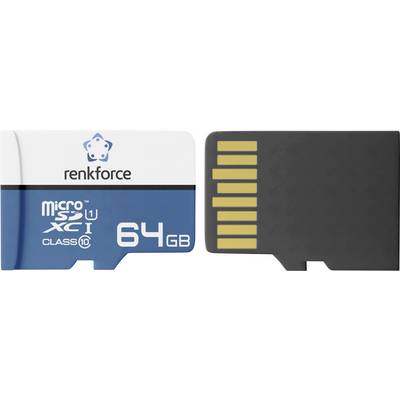 Karta pamięci Micro SD o oznaczeniu 'renkforce', 'micro SDXC I Class 10', 64 GB, pokazana z przodu i z tyłu wraz ze złotymi pinami kontaktowymi.