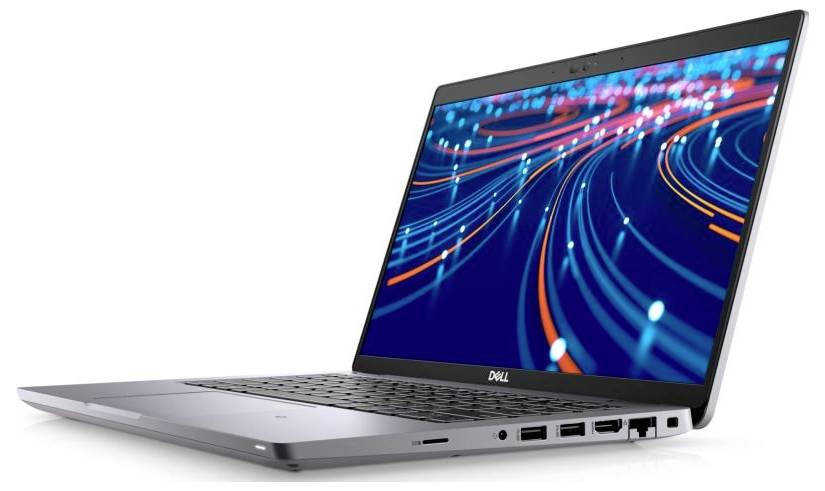Smukły, otwarty laptop wyświetlający żywy ekran z niebieskimi i czerwonymi wirującymi wzorami światła, sugerujący zaawansowaną technologię i łączność.