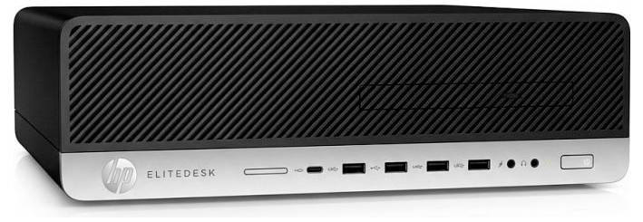 Czarno-srebrny komputer stacjonarny HP EliteDesk z wieloma portami USB i przyciskiem zasilania na panelu przednim.