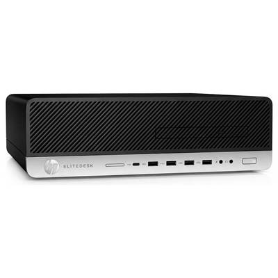 Czarno-srebrny komputer stacjonarny HP EliteDesk z wieloma portami USB i przyciskiem zasilania na panelu przednim.