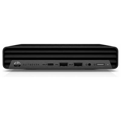 Miniaturowy komputer stacjonarny HP EliteDesk w kolorze czarnym z przyciskami USB, audio, HDMI i zasilania na panelu przedniego umożliwiającymi łączność i kontrolę.