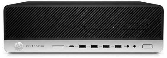 Komputer stacjonarny 'HP EliteDesk' z portami USB, gniazdkami audio i przyciskiem zasilania na przednim panelu, zaprojektowany do użytku w ograniczonej przestrzeni.