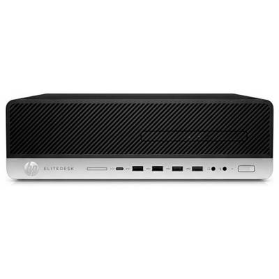 Komputer stacjonarny 'HP EliteDesk' z portami USB, gniazdkami audio i przyciskiem zasilania na przednim panelu, zaprojektowany do użytku w ograniczonej przestrzeni.