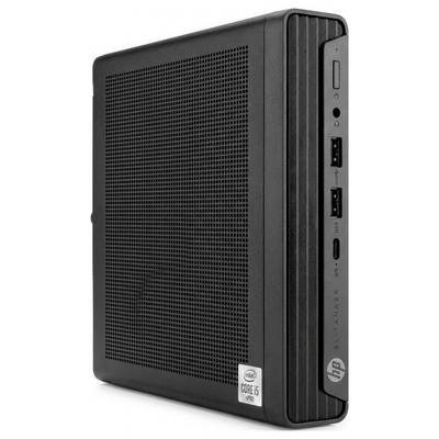 Mała, czarna obudowa komputera stacjonarnego HP z etykietą procesora Intel Core i5, wyposażona w przednie porty USB i przycisk zasilania.