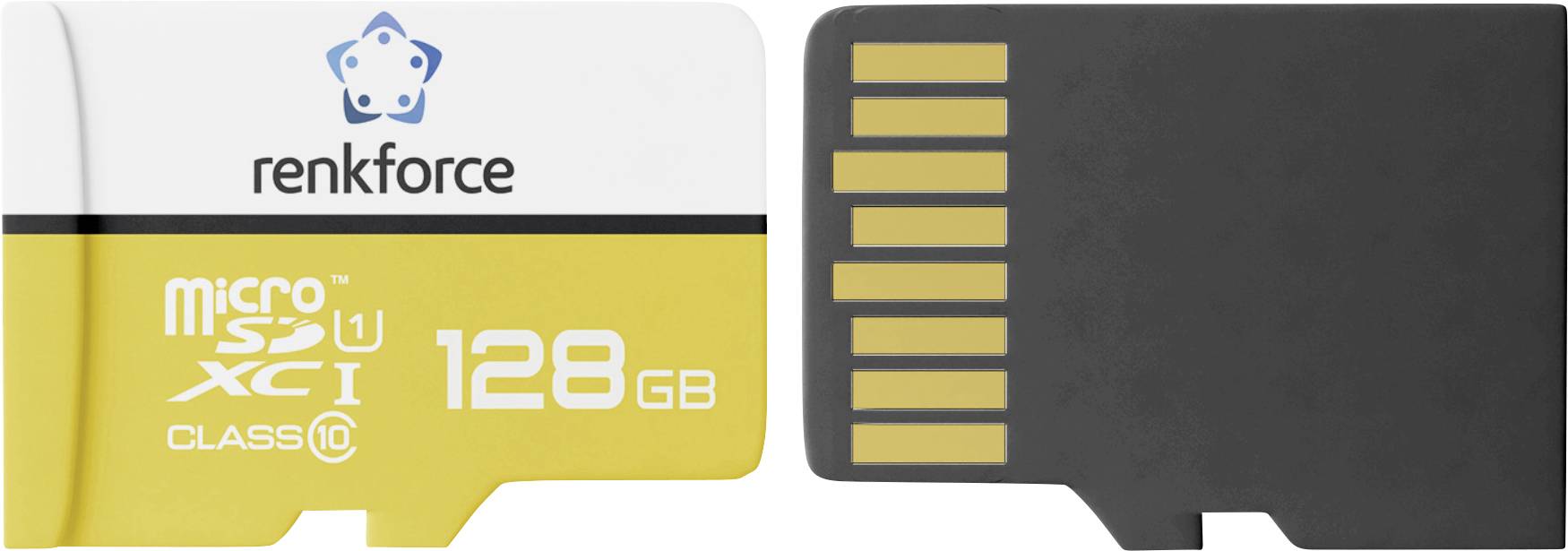 Karta pamięci MicroSD z marką Renkforce, UHS-I, Klasa 10 i pojemnością 128 GB, ze złotym obszarem styków na czarnej karcie.