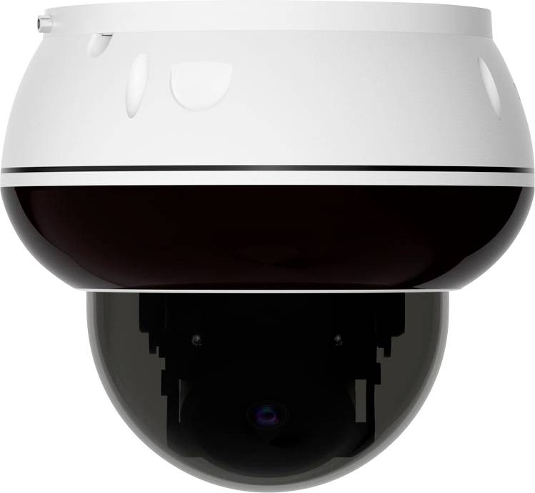 Kamera kopułkowa do monitoringu z białą obudową i przejrzystą czarną soczewką, zaprojektowana do nadzoru wewnętrznego, na białym tle.