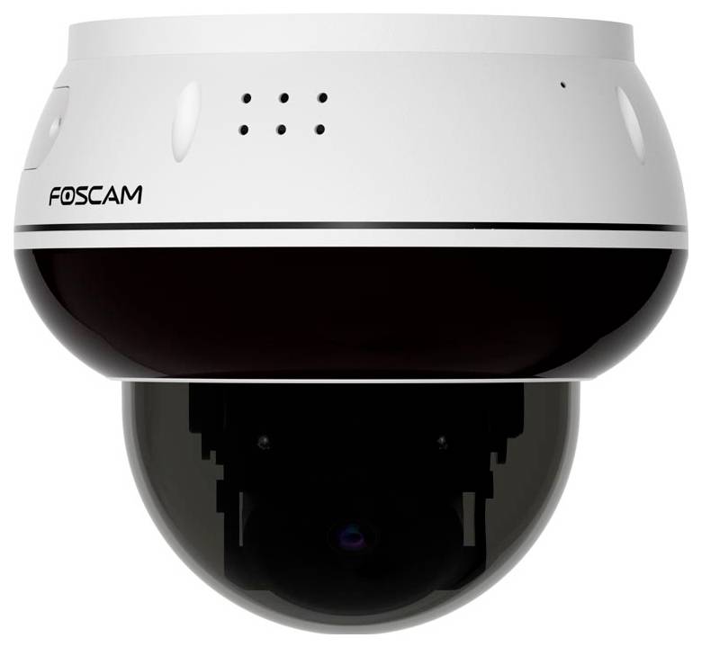Biała i czarna kamera monitoringu Foscam w kształcie kopuły, stosowana do celów monitorowania i bezpieczeństwa zarówno w pomieszczeniach wewnętrznych, jak i na zewnątrz.