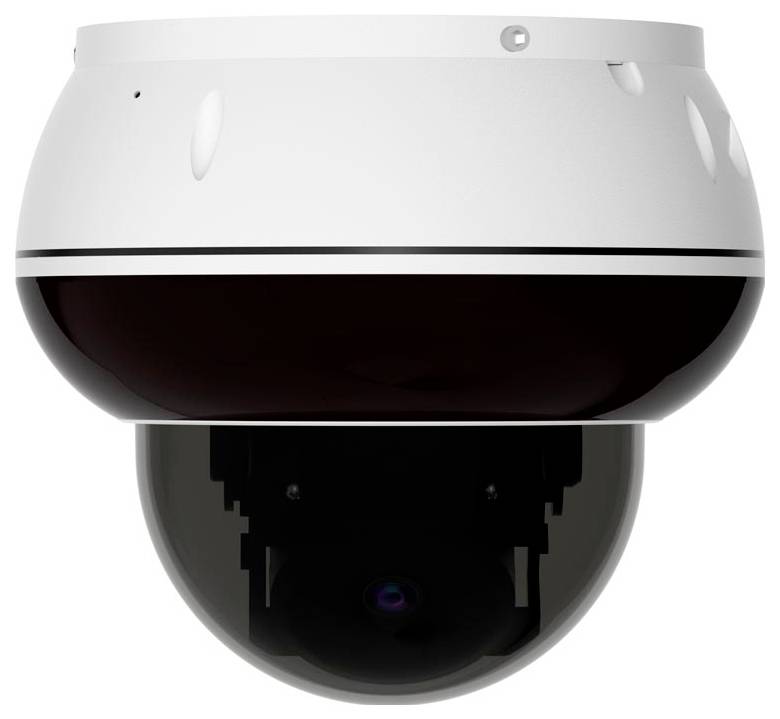 Biała i czarna kopułkowa kamera bezpieczeństwa skierowana w dół, przeznaczona do monitorowania, o eleganckim, nowoczesnym wyglądzie.