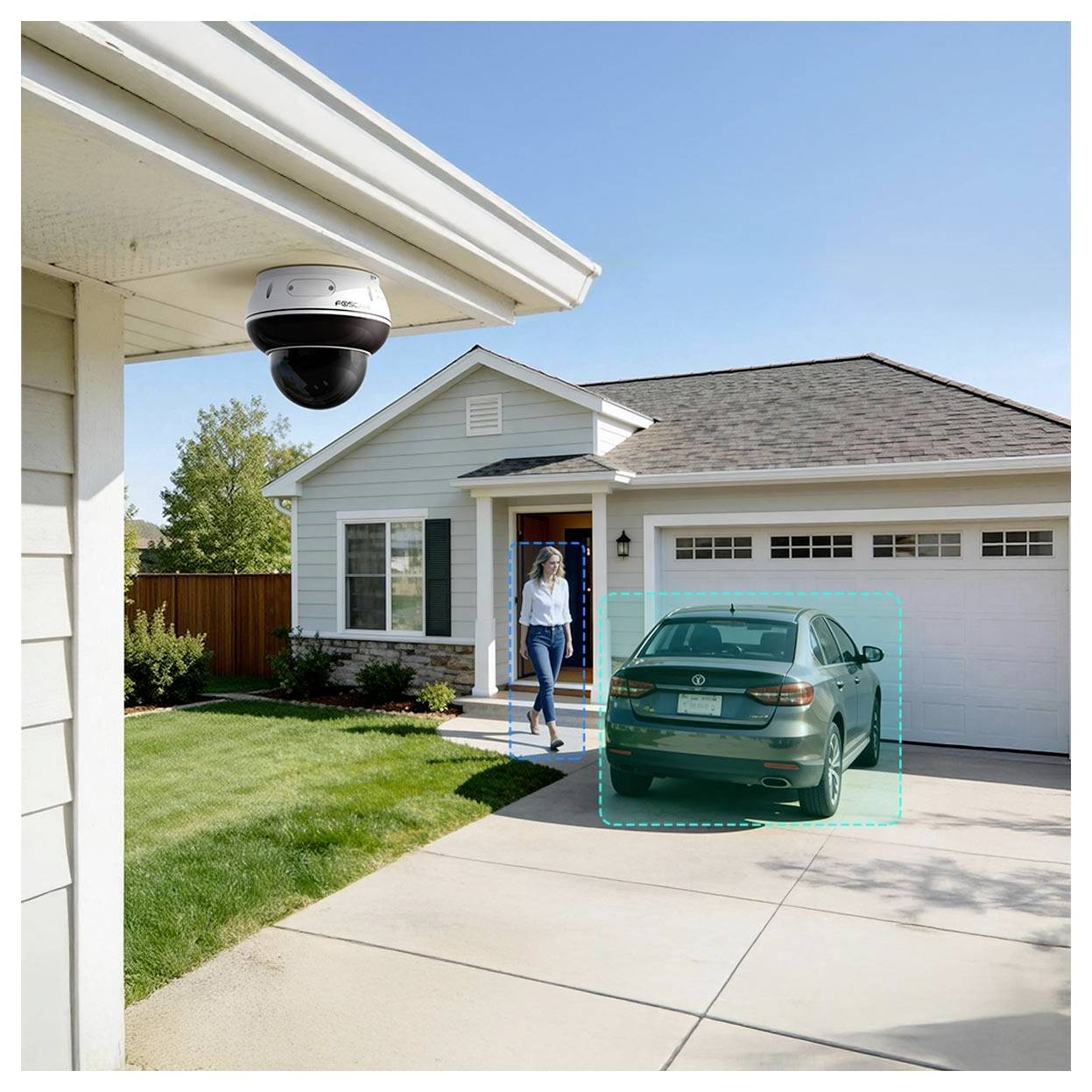 Kamera bezpieczeństwa monitoruje podjazd, na którym zaparkowany jest samochód. Osoba idzie w kierunku domu z dwugarażowym garażem w przedmieściu.