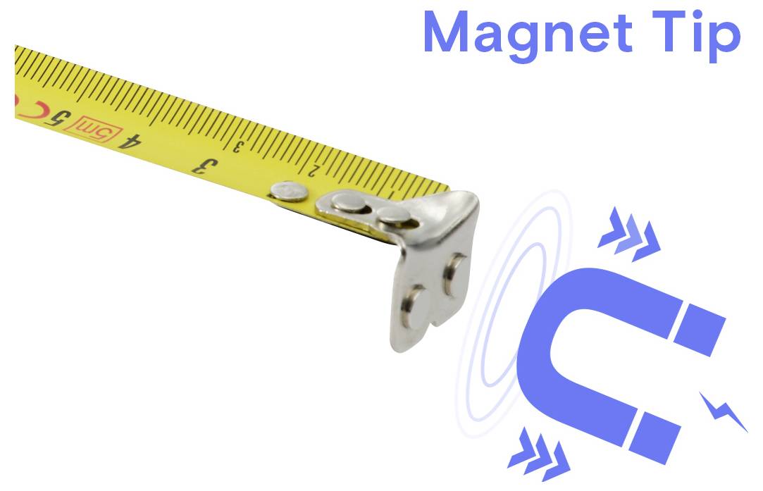 Ilustracja taśmy mierniczej z końcówką magnetyczną przyciągającą magnes podkowiasty, oznaczony jako "Magnet Tip" (Końcówka Magnetyczna).