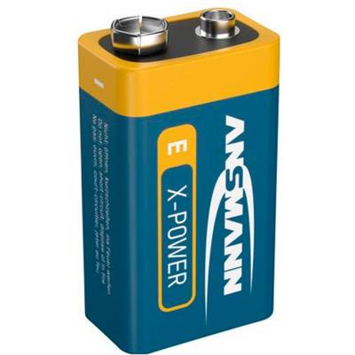 Niebieski-i-żółty akumulator ANSMANN X-POWER 9 woltów z metalowymi zaciskami pokazany na białym tle.