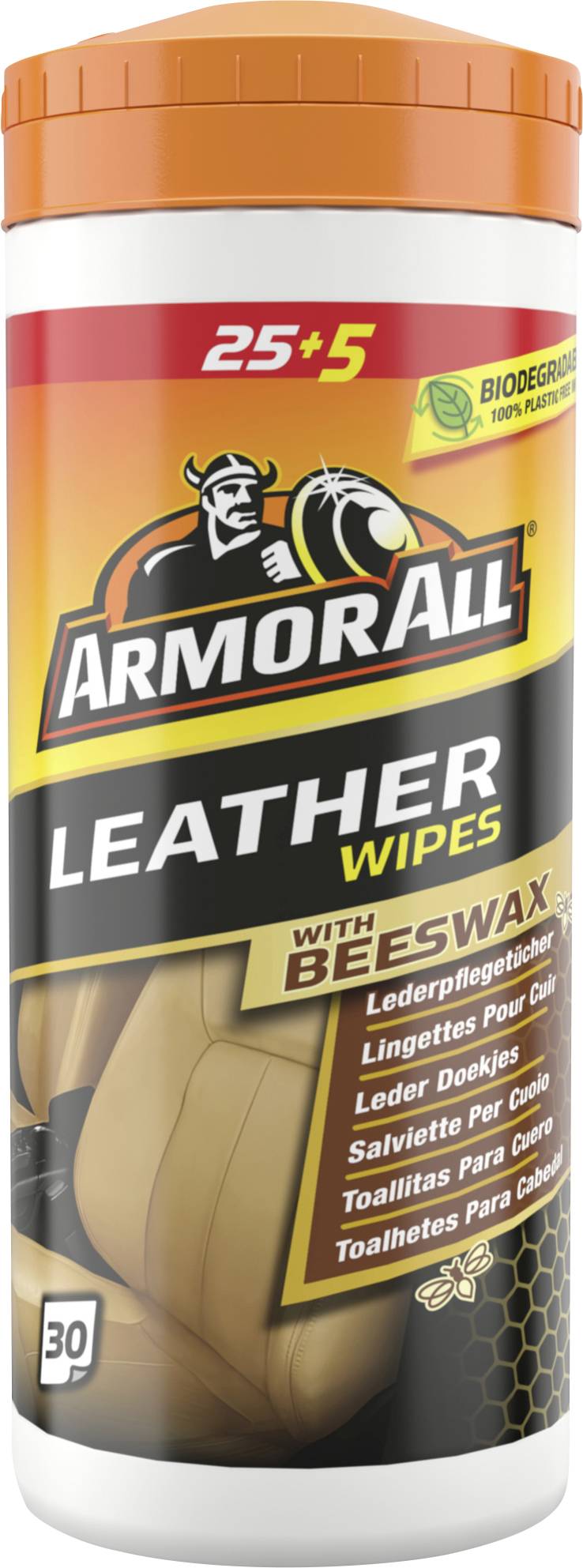 Opakowanie serwetek Armor All Leather Wipes z pomarańczową nakrętką i etykietą z napisem „25+5" i „Leather Wipes with Beeswax"; opakowanie zawiera 30 serwetek.