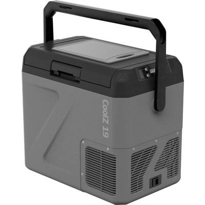 Przenośna szaro-czarna lodówka elektryczna CoolZ19 z uchwytem do noszenia, wentylacją boczną i panelem sterowania
