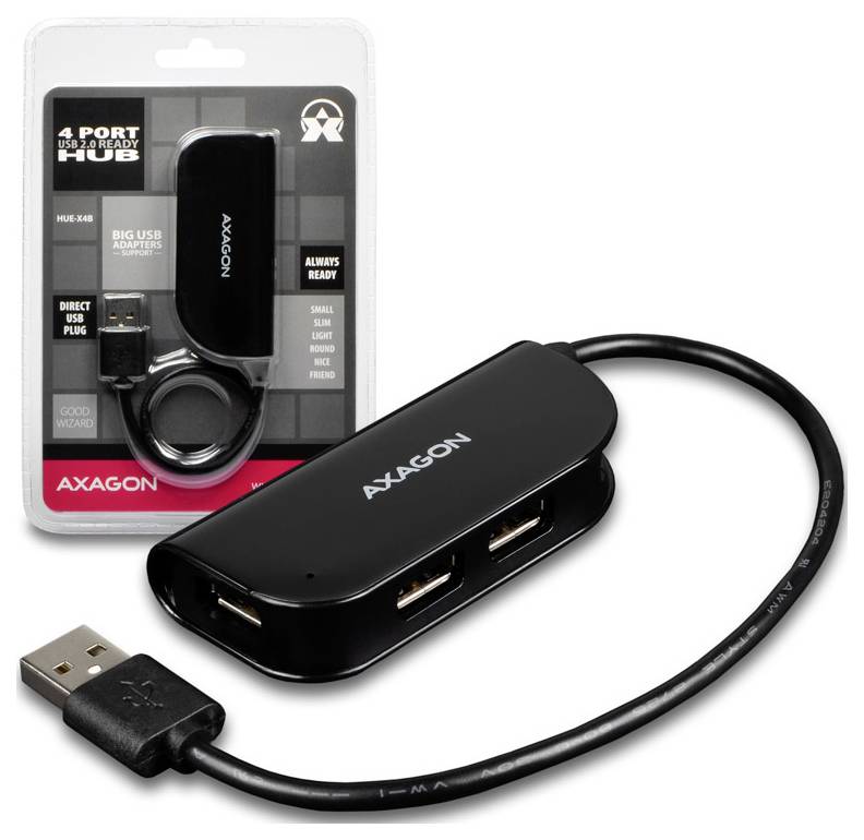 USB-концентратор AXAGON HUE-X4B, 4 порта USB-A, скорость 5 Гбит/с.