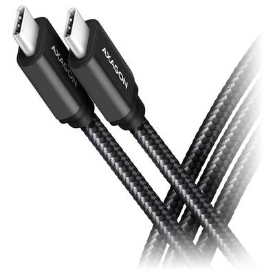 Dwa czarne kablowe USB-C w oplocie z łącznikami marki 'AXAGON' na białym tle.