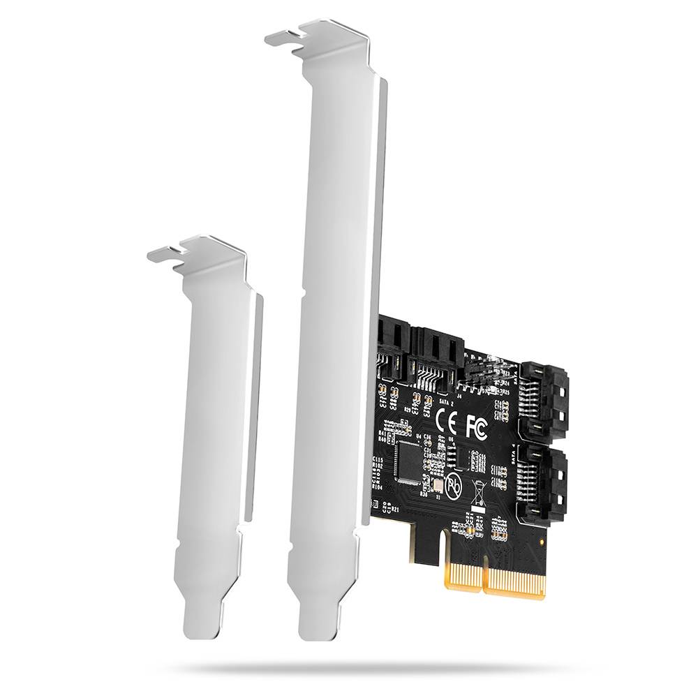 Karta rozszerzeń PCIe z dwoma wysokimi metalowymi uchwyami montażowymi, pokazana na białym tle.