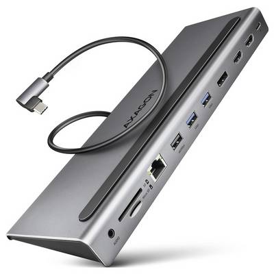 Stacja dokująca Axxcon USB-C do laptopa z dołączonym kablem USB-C, wieloma portami, w tym USB, Ethernet, HDMI i audio.