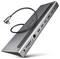 Stacja dokująca Axxcon USB-C do laptopa z dołączonym kablem USB-C, wieloma portami, w tym USB, Ethernet, HDMI i audio.