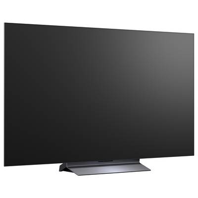 Duży telewizor o płaskim ekranie z czarnym pustym ekranem na statywie, pokazany na białym tle.