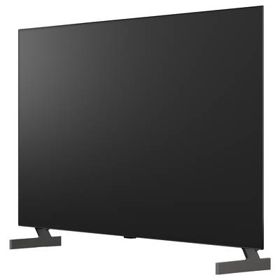 Czarny telewizor z płaskim ekranem na statywie, pokazany od przodu na białym tle.