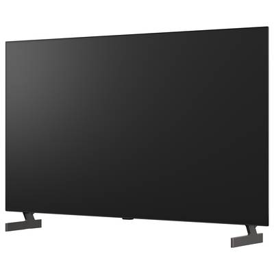 Czarny telewizor na płaskim ekranie na dwóch nogach stojaka, pokazany z przodu na białym tle.