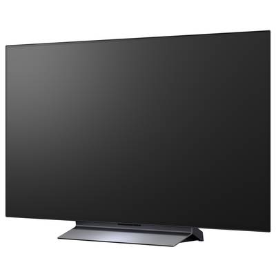 Duży czarny telewizor z płaskim ekranem na statywie, pokazany na białym tle.