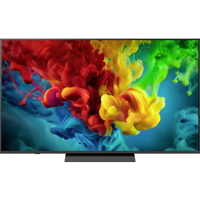 Ekran telewizora wyświetlający kolorowe, przypominające tusz czerwone, żółte, zielone i niebieskie wirujące wzory na ciemnym tle.