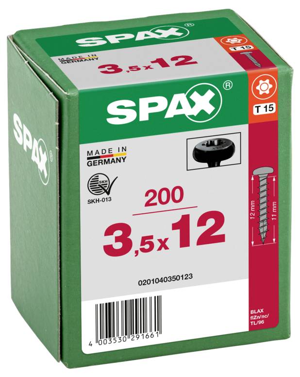 Винт с круглой головкой SPAX 0201040350123 3,5 мм 12 мм T-STAR плюс сталь 200 шт.
