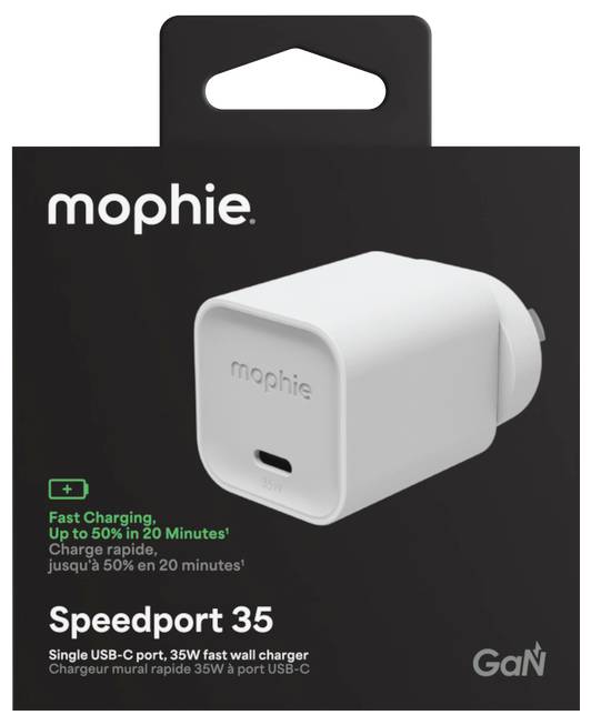 Ładowarka sieciowa Mophie Speedport 35 z pojedynczym portem USB-C GaN, z tekstem „Szybkie ładowanie, do 50% w 20 minut" na opakowaniu.