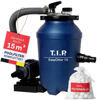 Zdjęcie produktu zestawu kompletnogo filtra do basenu T.I.P. EasyChlor 15 z pompą, wężem i workiem kulek filtracyjnych; etykieta mówi „DO BASENÓW DO 15 m³" i „KOMPLETNY ZESTAW FILTRA DO BASENU".