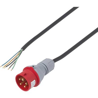 Czerwony przemysłowy kabel zasilający z czerwoną wtyczką 3-pinową i odsłoniętymi kolorowo oznaczonymi przewodami na drugim końcu.